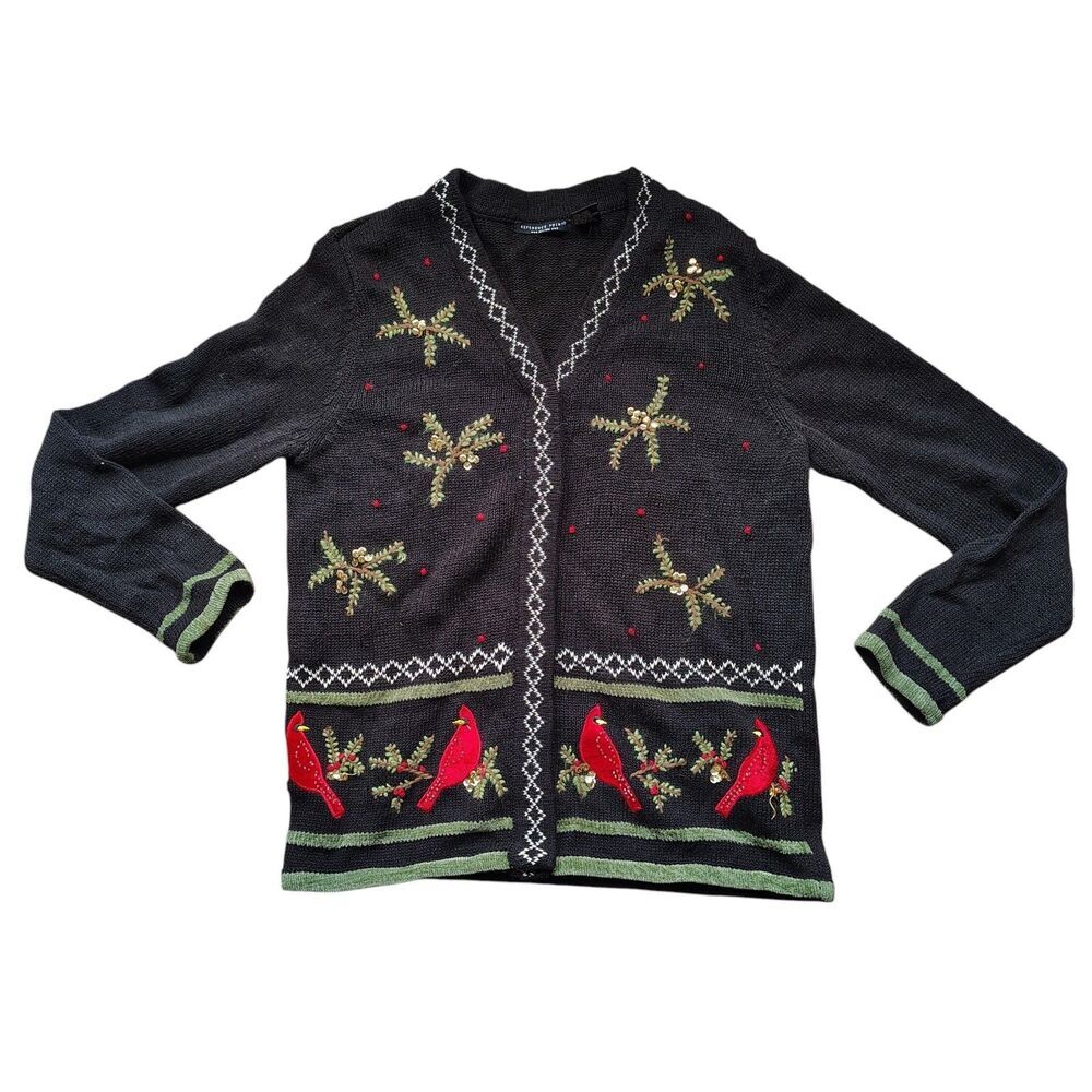 Vintage Christmas Cardinal Bird Cardigan Sweater Size Small Embellished Cottage